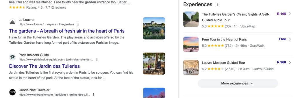 Google Search result with related experiences