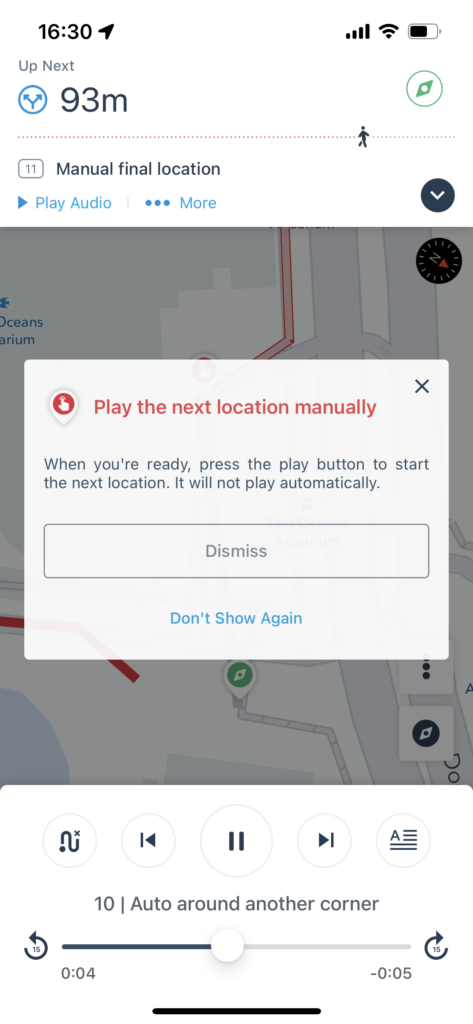 This is an image of the modal that displays in the VoiceMap app when the next location is a manual location