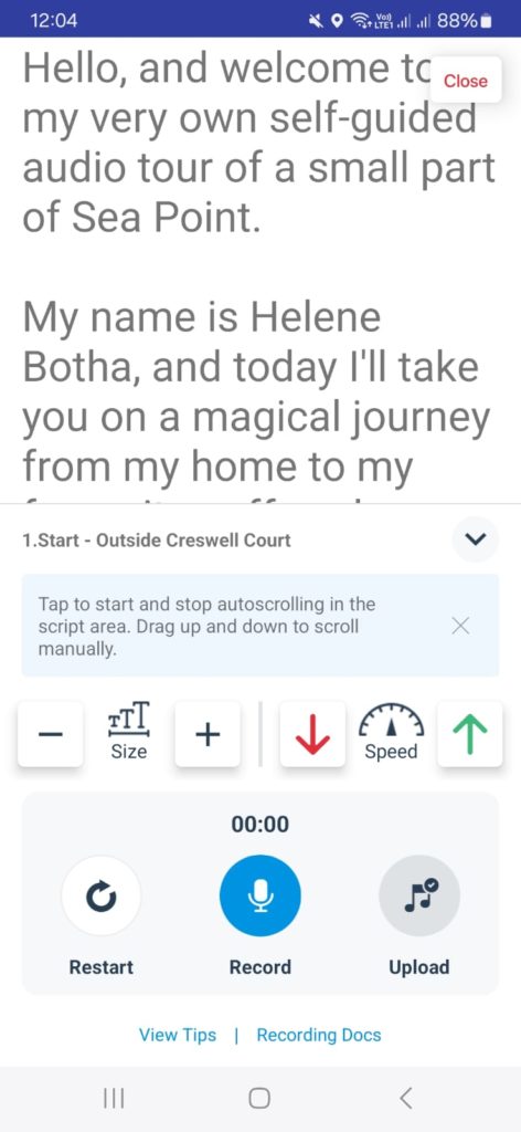 An example of the recorder screen, with the script at the top and recording features at the bottom