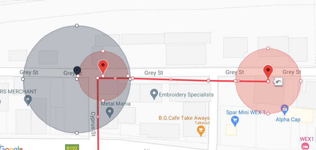 In this example, the user is travelling from right to left along Grey St. The blue music location has been placed so that it only starts after the first regular location, to the far right, has finished playing, but the second regular location at the corner of Grey and Cyprus hasn't started playing yet.