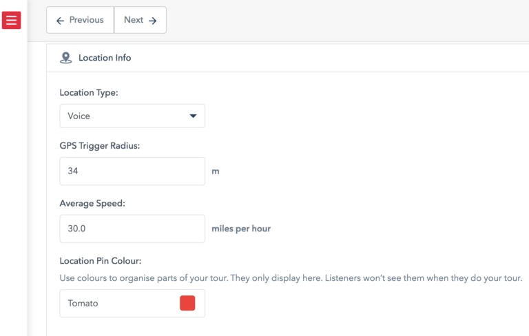A screenshot from the Location Info area of a driving tour's Your Script tab. This is where you can adjust an individual location's average speed.