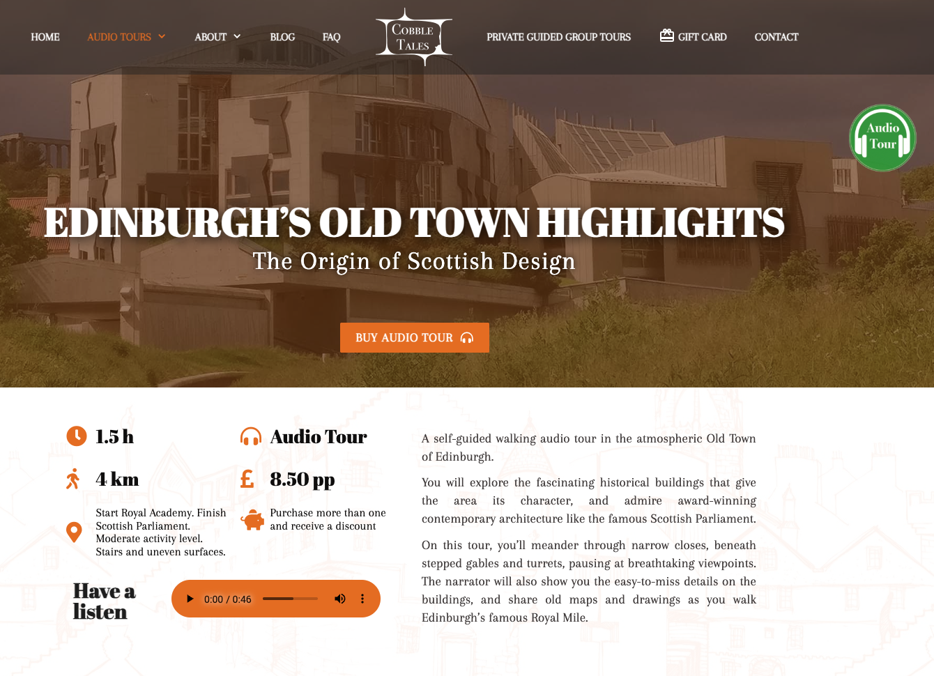 Cobble Tales tour listing page with 